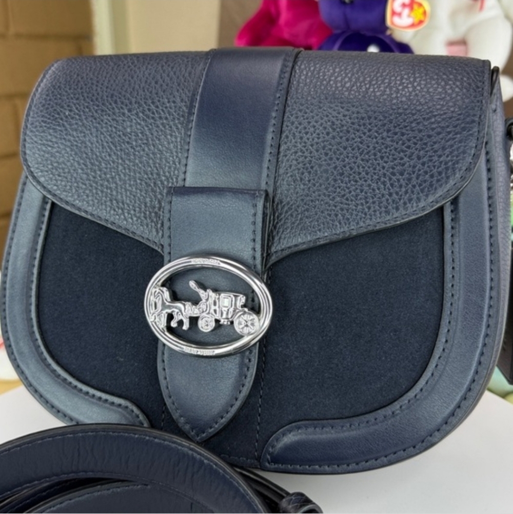 Coach Navy Saddle Bag Suede Pebbled Leather w/Snakeskin Embossed Strap EUC - Picture 2 of 12